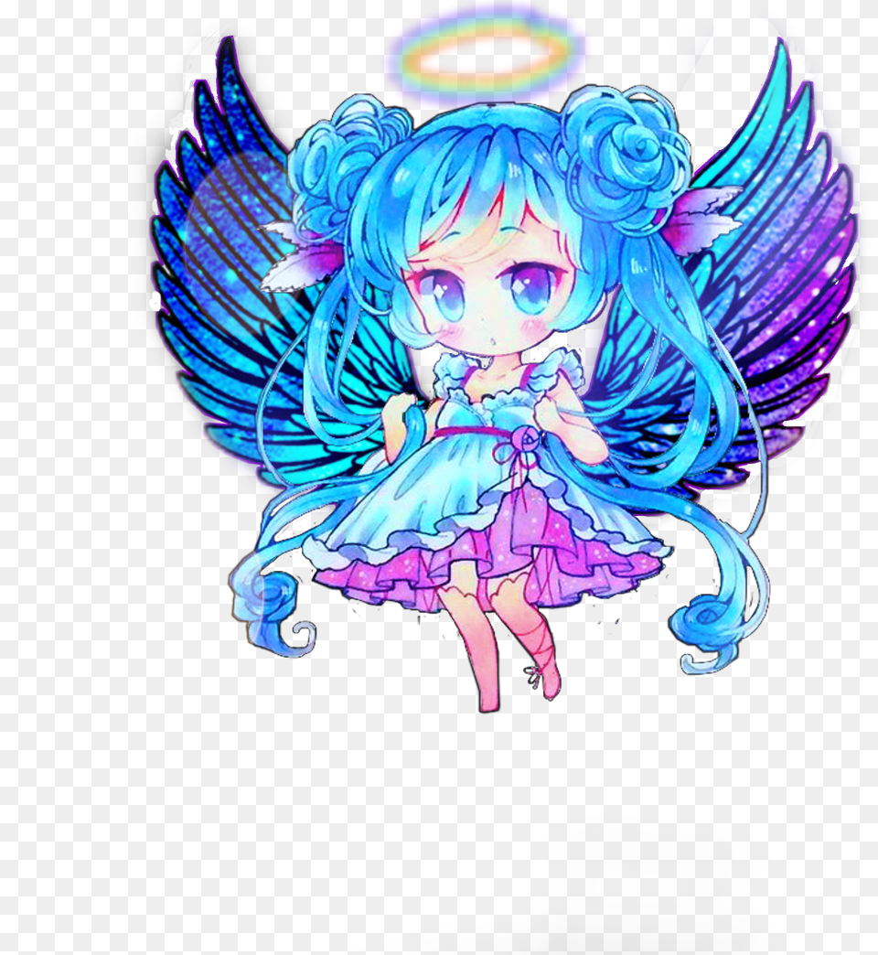 Freetoedit Angel Wings Galaxy Chibi Sticker Stickercontest Fairy, Person, Face, Head, Book Png Image