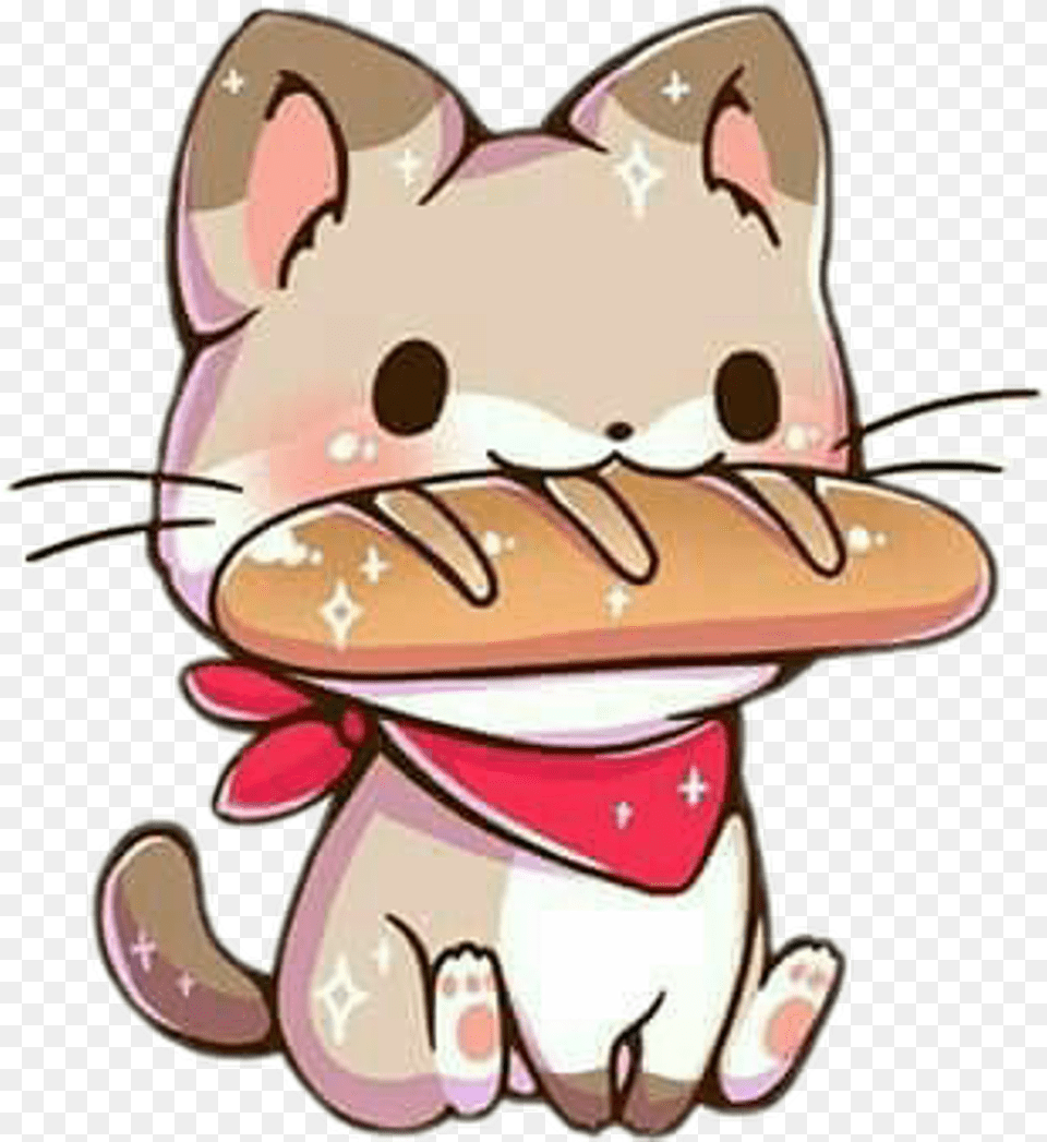 Freetoedit Cute Kawaii Cat French Bread Hat Baguette Cute Kawaii Cat, Baby, Person, Food Free Png Download