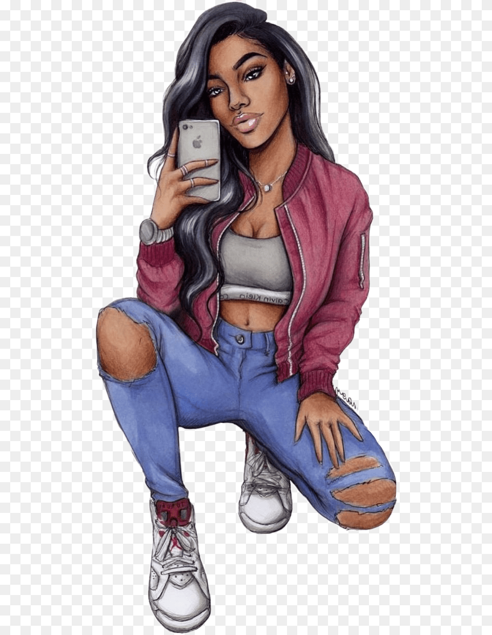 Freetoedit Girl Coolgirl Phone Selfie Sketches Of Black Girls, Clothing, Shoe, Footwear, Adult Png