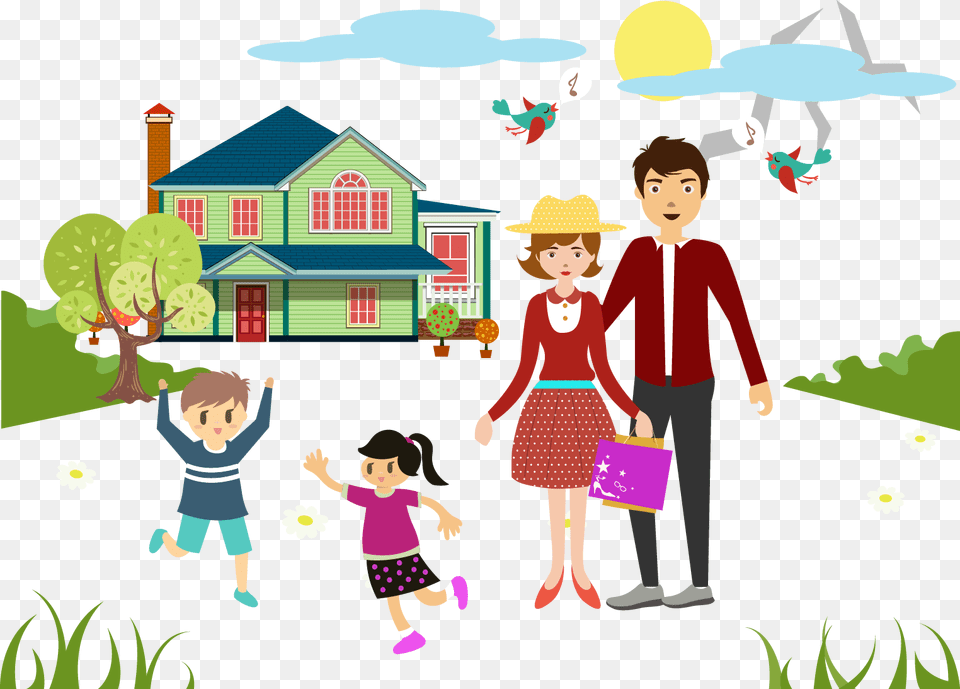 Freeuse Picnic Drawing Cup Family With House Cartoon, Neighborhood, Female, Person, Baby Png