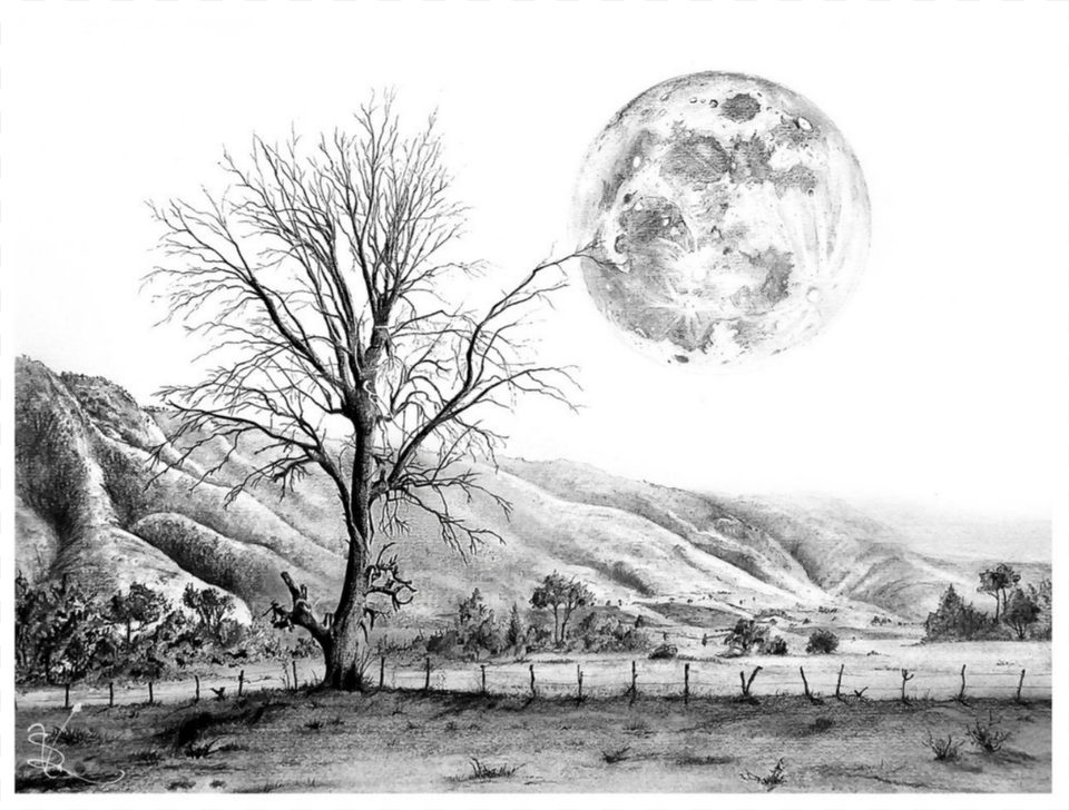 Freeuse Stock Beautiful Nature Drawings Wire Pencil Sketching Landscape, Night, Astronomy, Outdoors, Moon Png