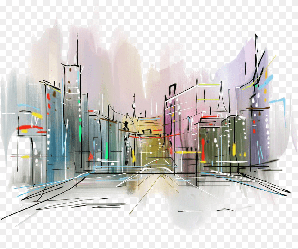 Freeuse Stock Photography Painting City Transprent Omax Decor Limelight Rendered Gallery Wrapped Print, Road, Street, Urban, Architecture Free Transparent Png
