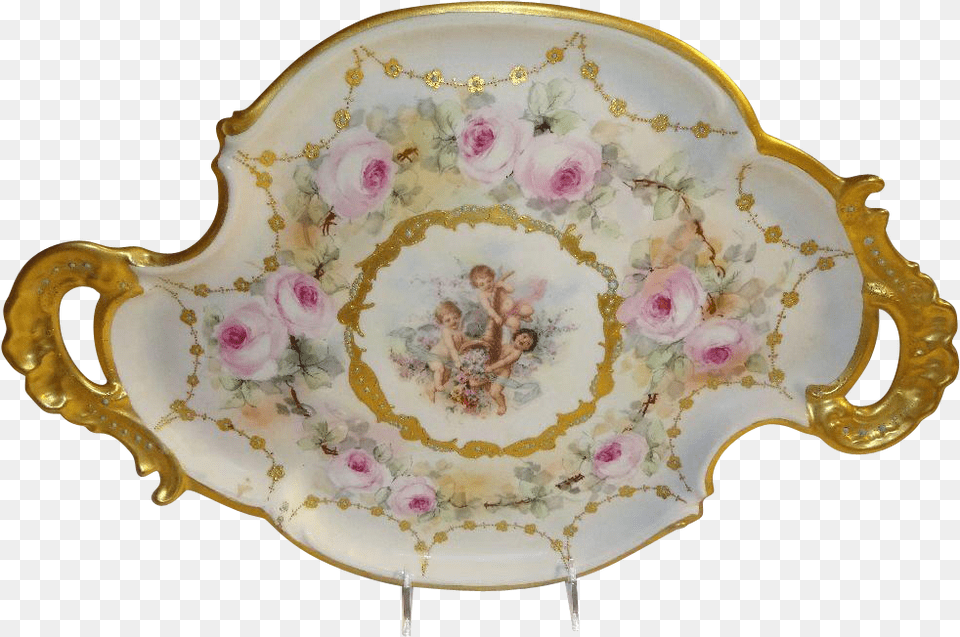 French Antique Limoges Tray Hand Painted Pink Roses Saucer, Art, Pottery, Porcelain, Plate Png Image