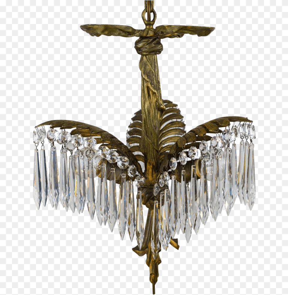 French Bronze Palm Frond Chandelier With Crystal Lanterns Chandelier, Lamp Png