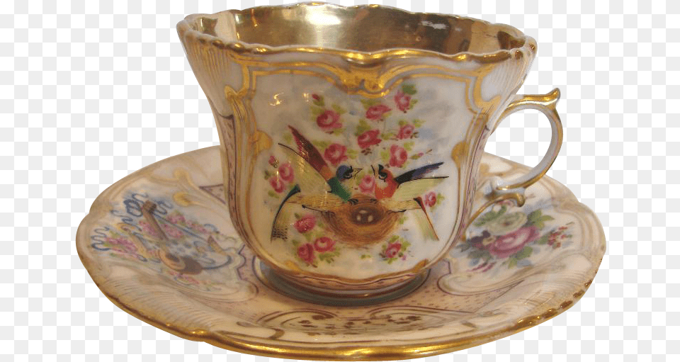 French Old Paris Cup Saucer Hand Painted Birds In A Teacup, Art, Porcelain, Pottery Free Png Download
