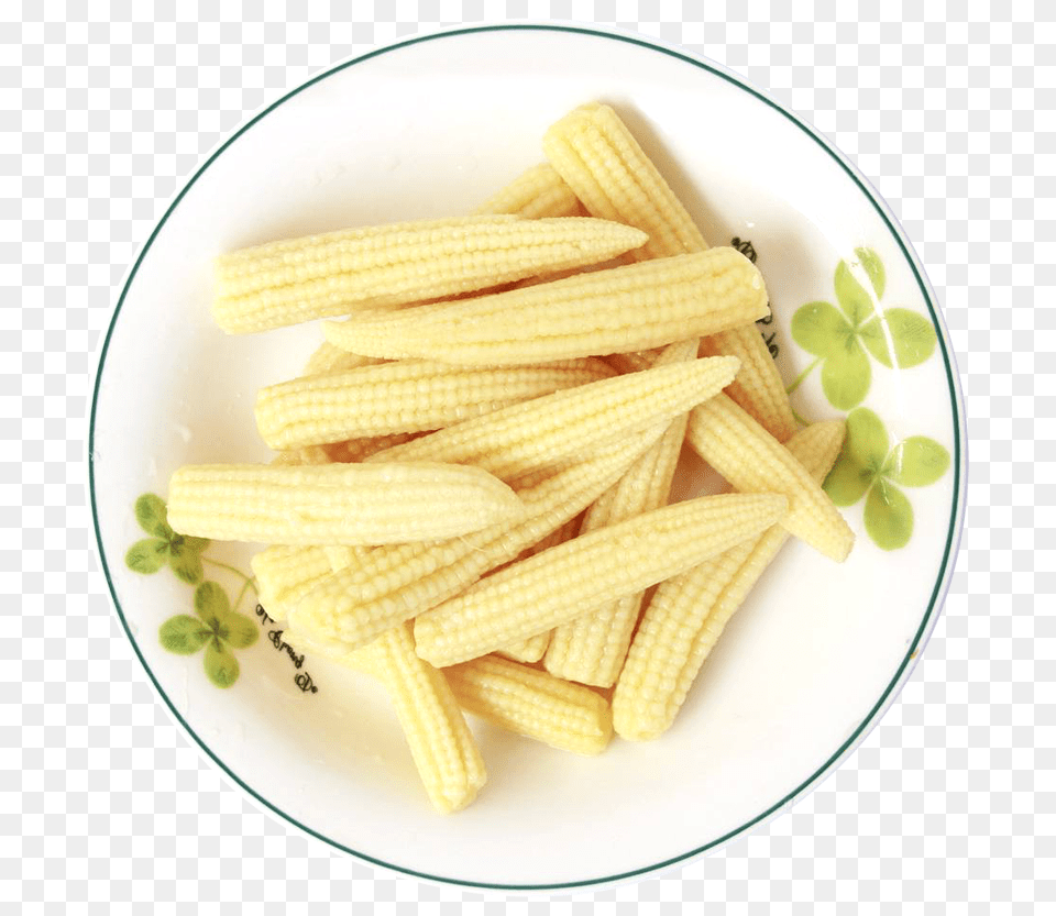 Fresh Baby Corns Served In A White Plate, Corn, Food, Grain, Plant Png Image