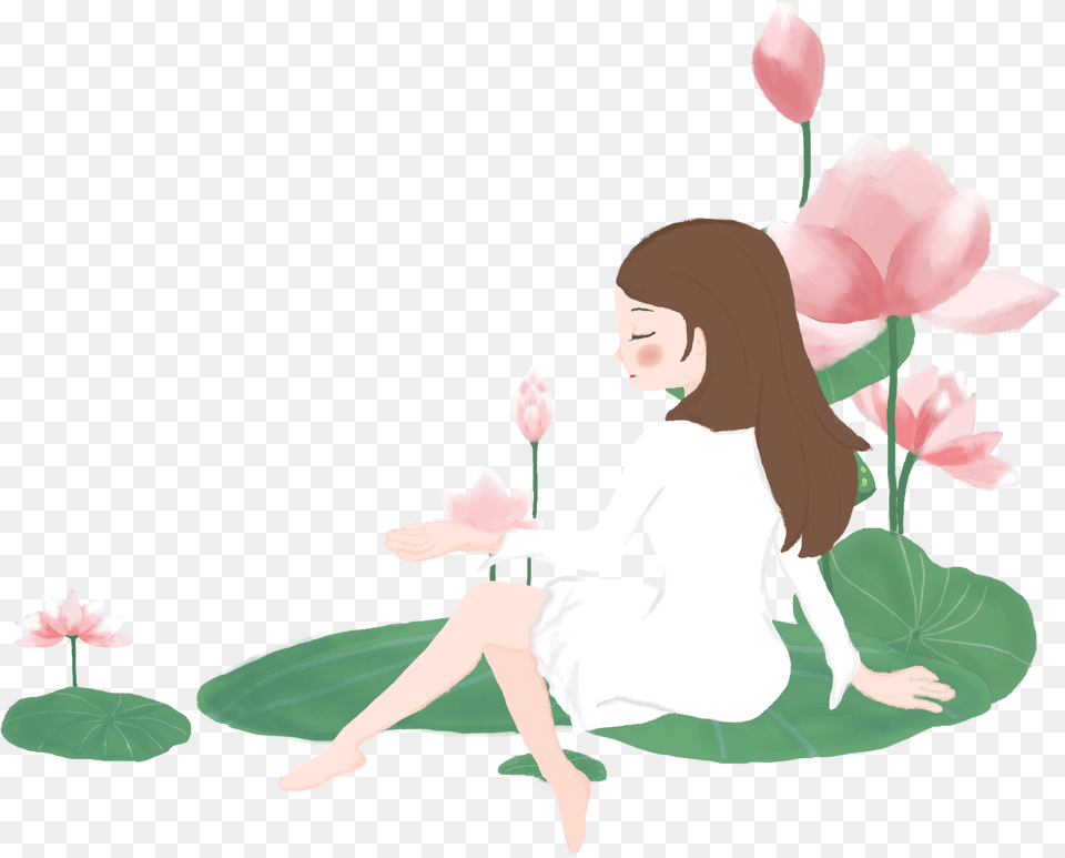 Fresh Hand Painted Beautiful Lotus Illustration, Adult, Plant, Person, Flower Png Image