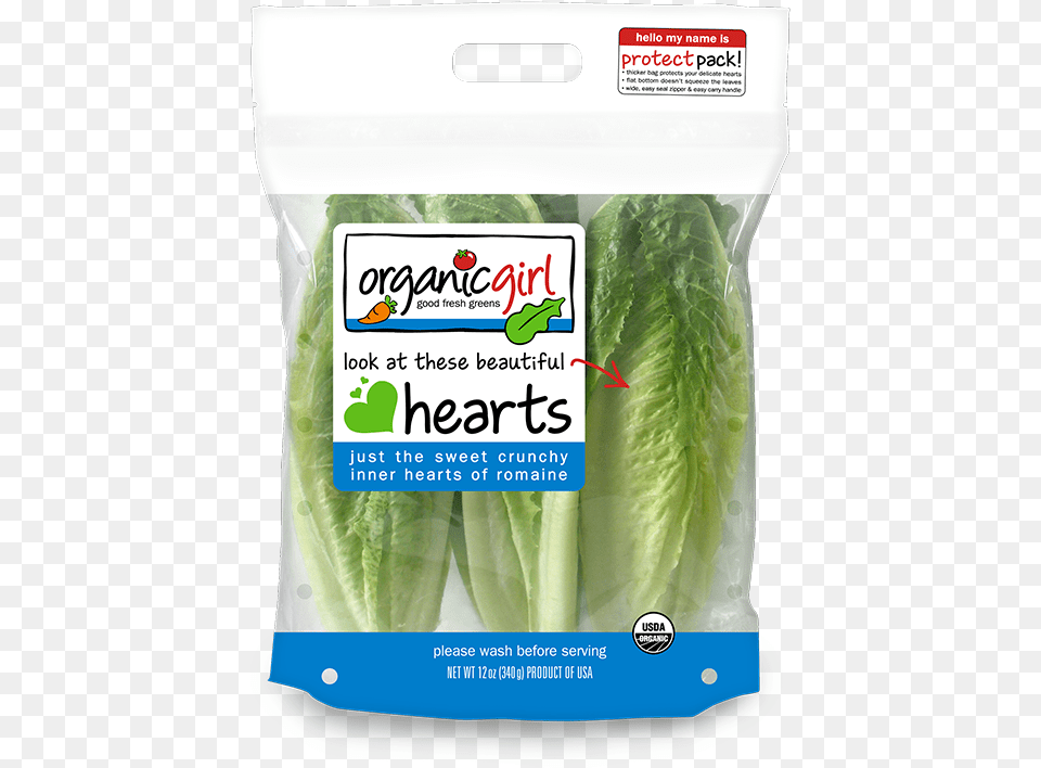 Fresh Salad Greens Organic Girl Three Heart Romaine Stand Up Pouch, Food, Lettuce, Plant, Produce Free Transparent Png