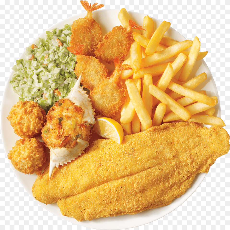Fried Fish And Shrimp With Fries, Plate, Food, Lunch, Meal Png Image