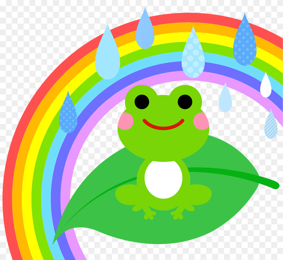 Frog On A Leaf In The Rain And Rainbow Clipart, Art, Graphics, Pattern, Green Png