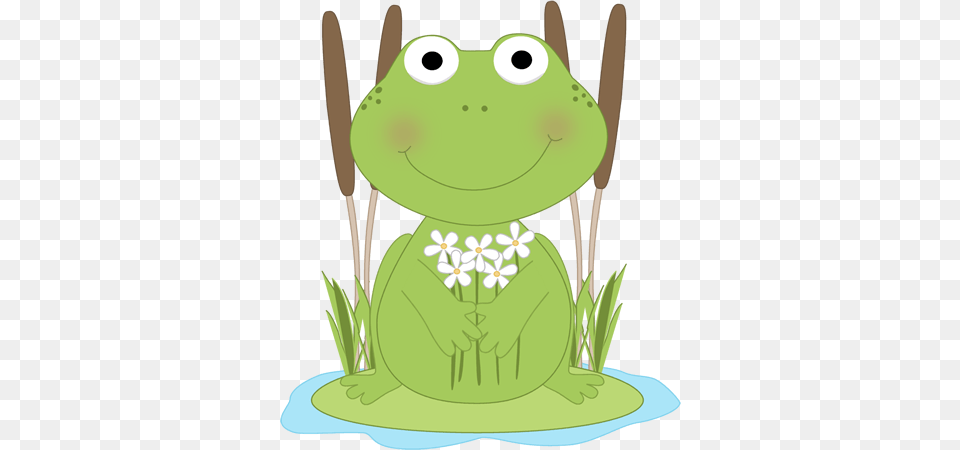 Frog With Flowers In A Pond Clip Frog Lily Pad Clip Art, Green, Amphibian, Animal, Wildlife Free Transparent Png