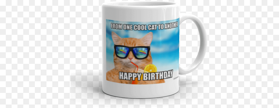 From One Cool Cat To Another Happy Birthday Make A Meme Magic Mug, Cup, Animal, Beverage, Coffee Png Image
