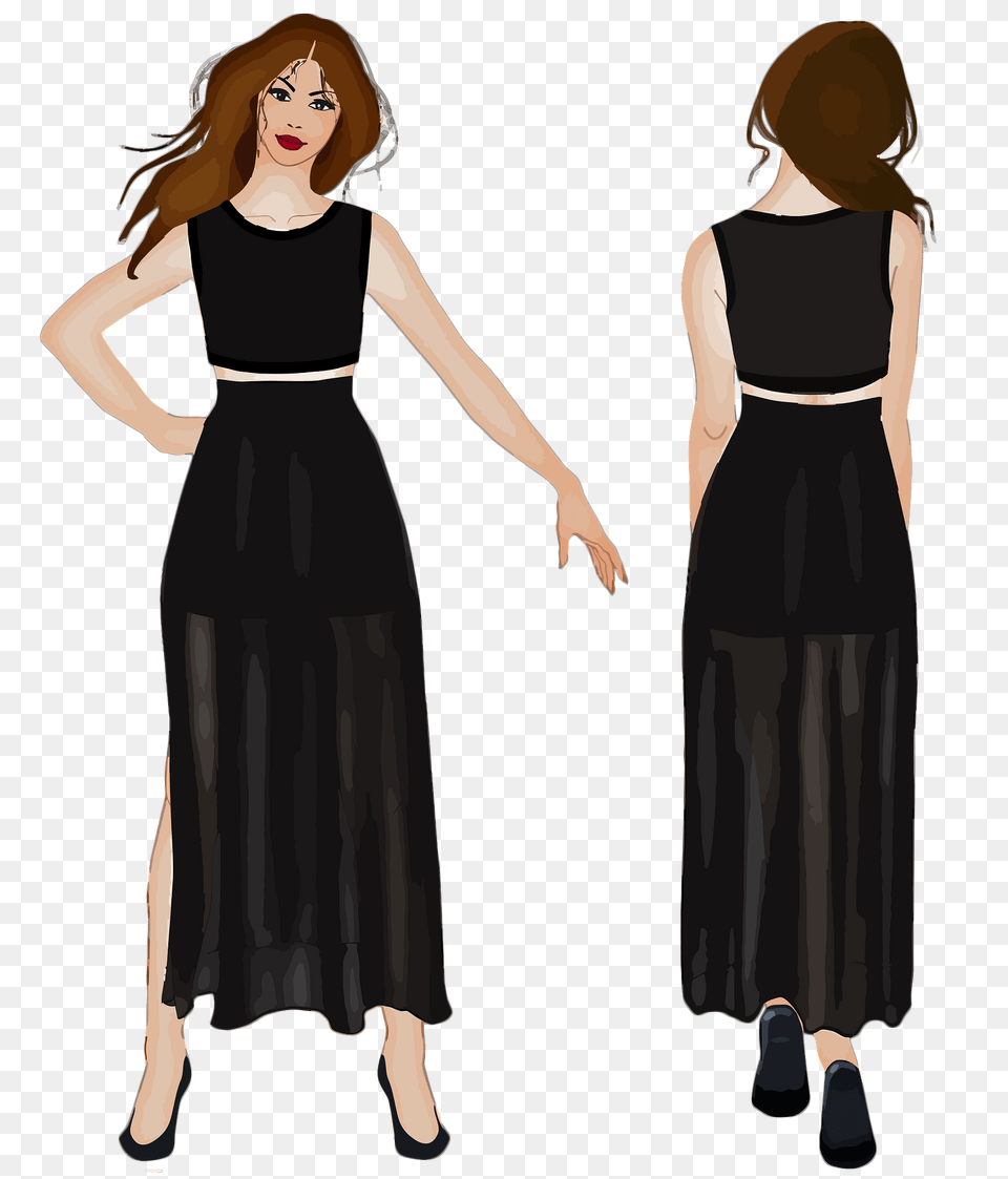 Front And Back View Woman In A Black Dress Clipart, Clothing, Evening Dress, Formal Wear, Adult Png