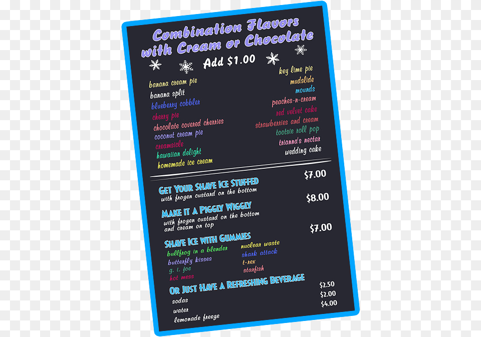 Frost Bites Combination Flavors With Cream Or Chocolate Framed2 Shave Ice Flavors, Text, Menu, Blackboard Free Png