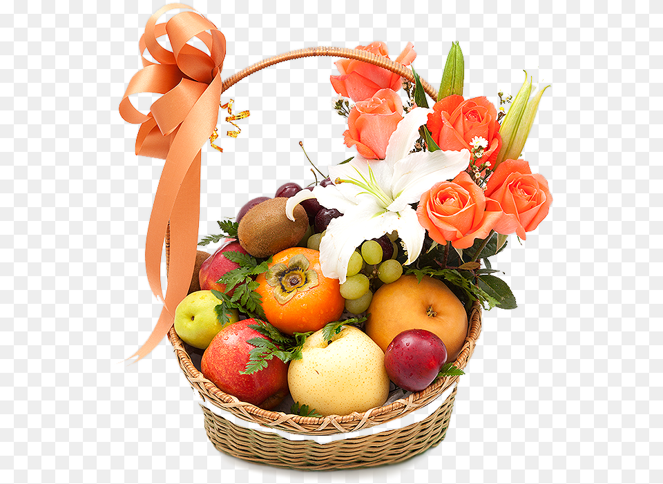 Fruit Basket With Flower, Plant, Flower Bouquet, Flower Arrangement, Citrus Fruit Free Png