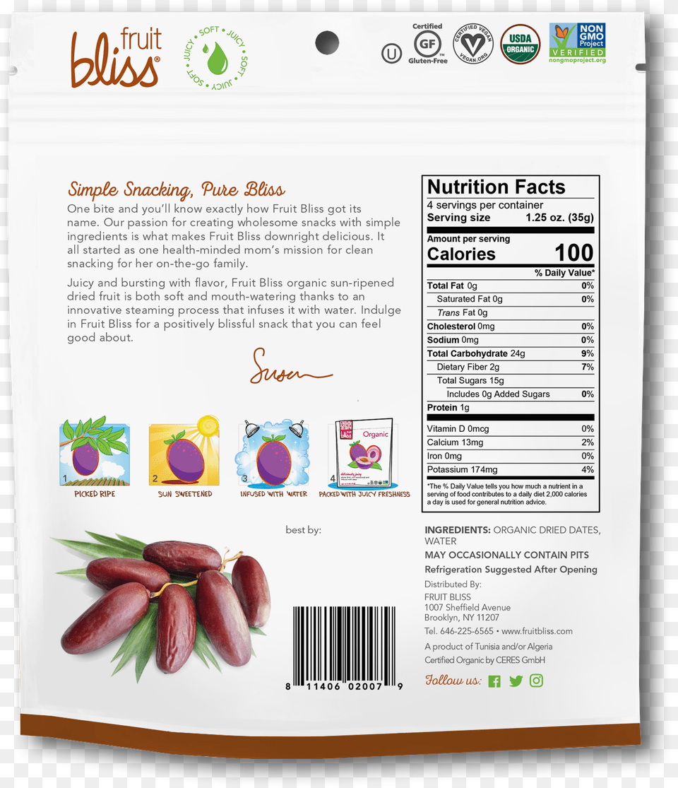 Fruit Bliss Organic Snacks Dates Back Package Dried Fruit, Advertisement, Food, Produce, Poster Free Png