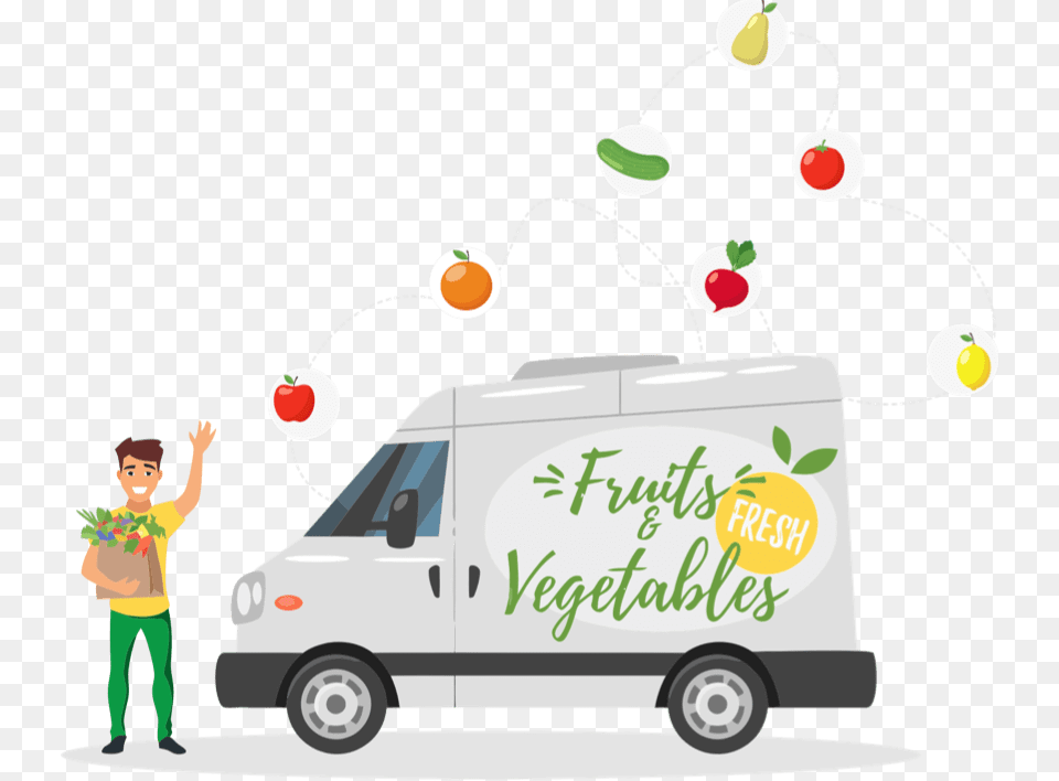 Fruits And Vegetables Business Management Delivery Icon Vegetable, Vehicle, Van, Transportation, Person Free Png