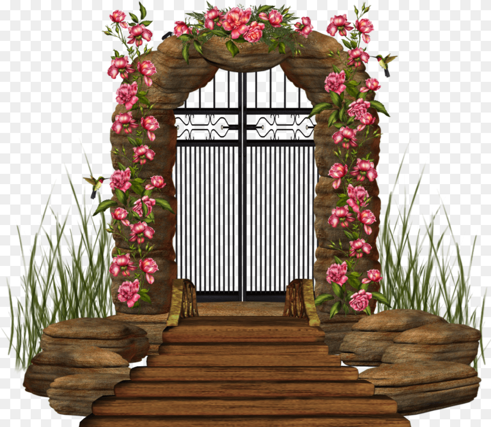 Ftestickers Garden Gate Flowers Pink Floral Gate Garden Gate, Plant, Flower, Flower Arrangement, Arch Free Png