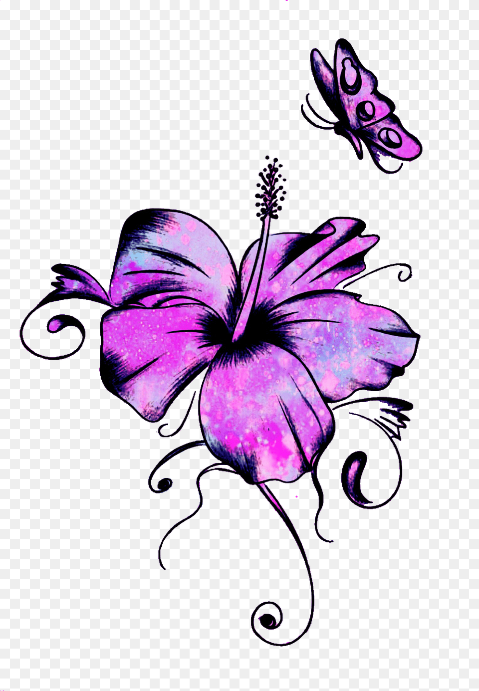 Ftestickers Mpink88 Glitter Sparkle Galaxy Flowers Hibiscus And Butterfly Tattoo, Purple, Woman, Person, Graphics Png Image