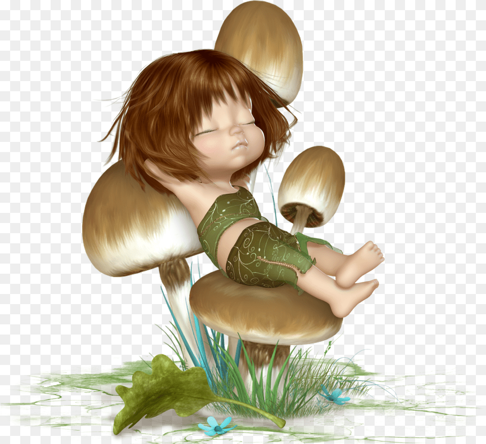 Ftestickers Mushroom Fairy Elf Asleep Cute Religin De Buenas Noches, Baby, Person, Face, Head Png Image