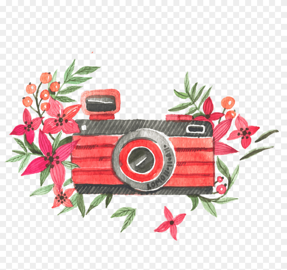 Ftestickers Watercolor Camera Flowers Pink Camera Flores, Flower, Machine, Plant, Wheel Free Png Download