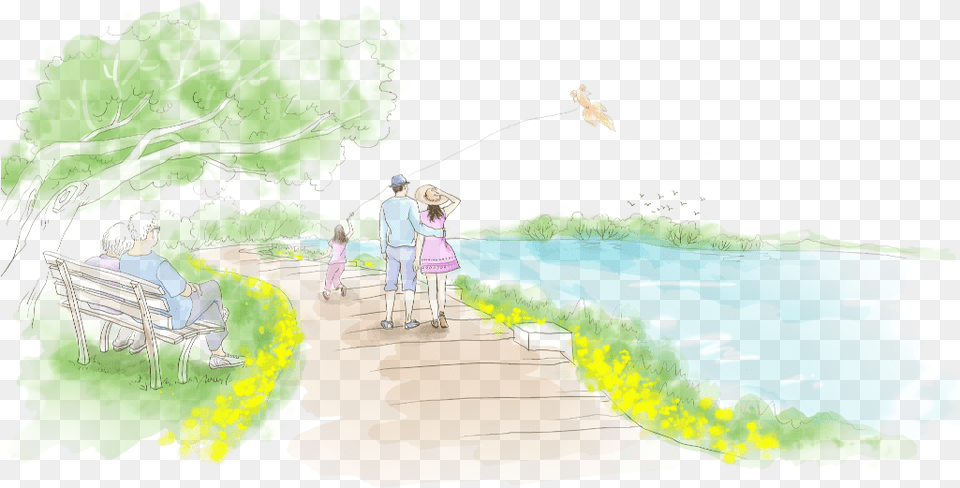 Ftestickers Watercolor Nature Landscape Park Couple Painting, Water, Outdoors, Leisure Activities, Fishing Png Image