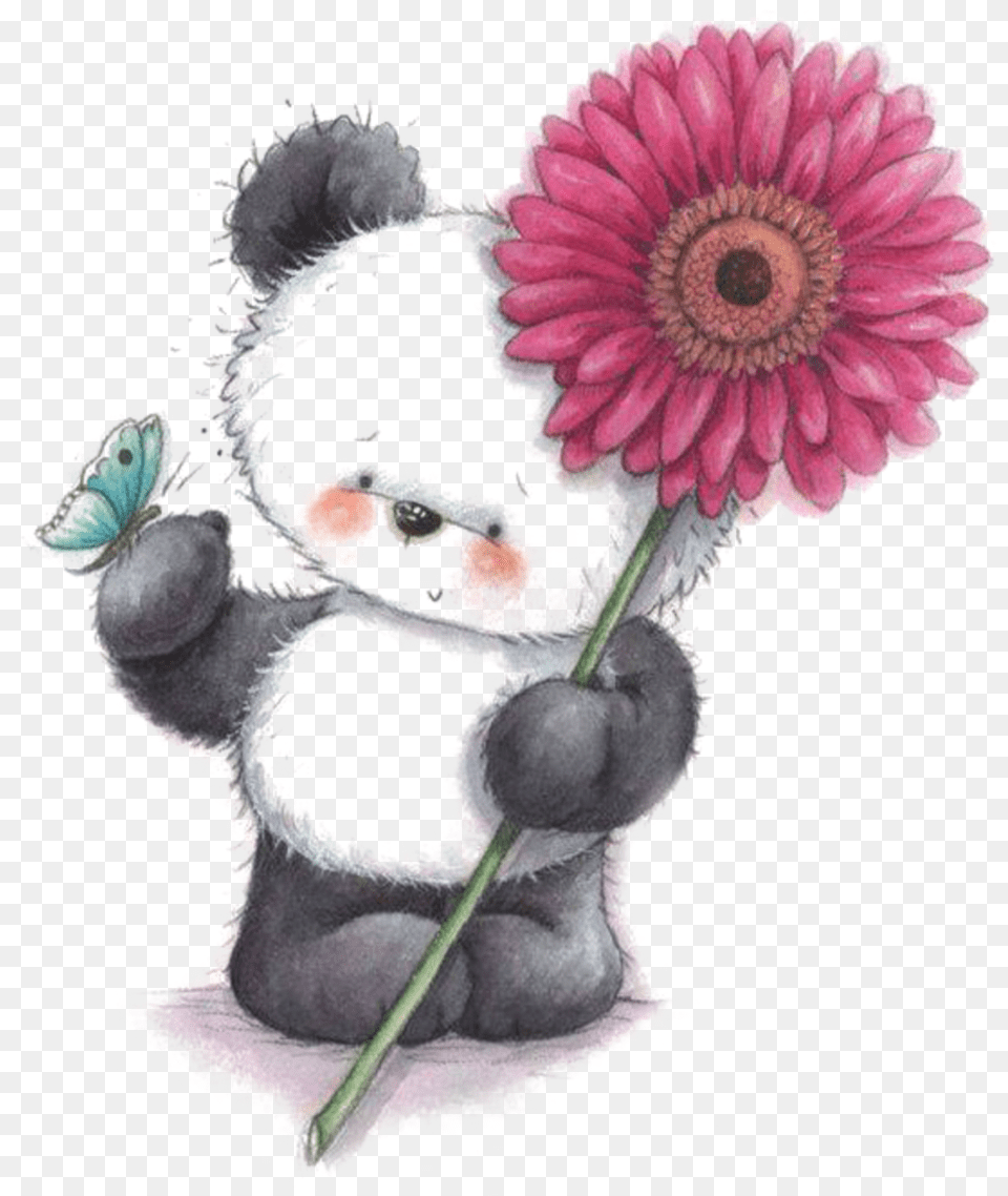 Ftestickers Watercolor Teddybear Panda Flowet Cute Geniet Jou Dag Vriendin, Daisy, Flower, Plant, Art Png