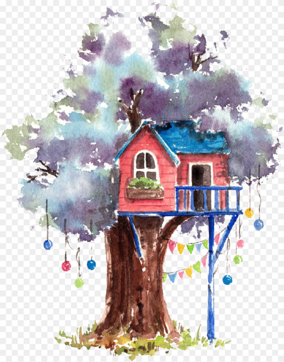 Ftestickers Watercolor Tree Treehouse Tree House Watercolor, Architecture, Building, Housing, Cabin Free Png Download