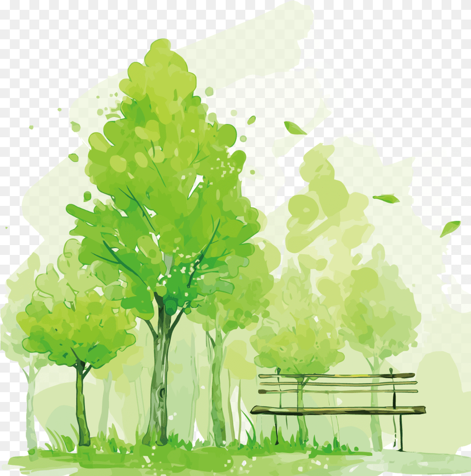 Ftestickers Watercolor Trees Park Bench Transparent Tree Watercolor, Furniture, Green, Grass, Plant Free Png