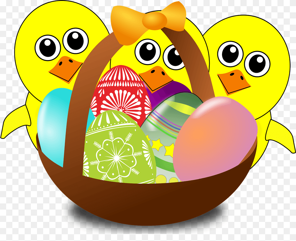 Funny Chicks Cartoon With Easter Eggs In A Basket Clipart, Easter Egg, Egg, Food, Nature Png