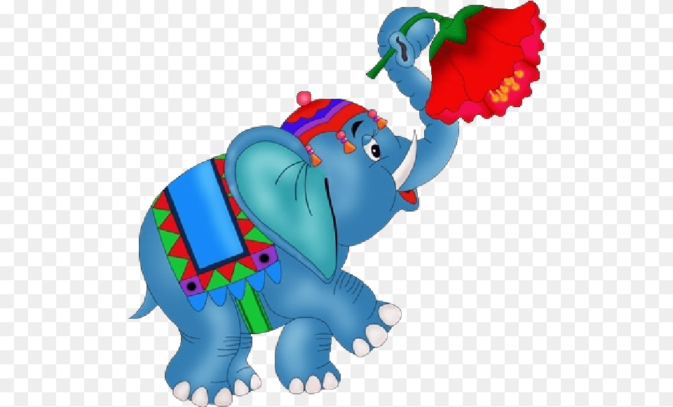 Funny Circus Elephant Holding Flowers With Trunk Cartoon Elephant In The Circus Cartoon, Baby, Person, Animal, Wildlife Free Png