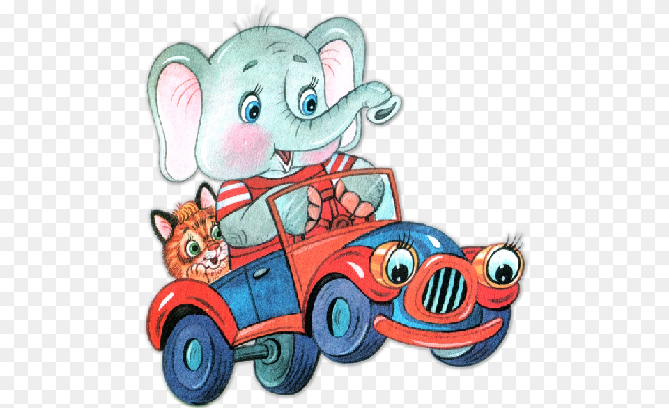 Funny Circus Elephant In Red And Blue Car Elephant Clipart Cartoon Elephant In A Car, Book, Comics, Publication, Machine Free Png Download
