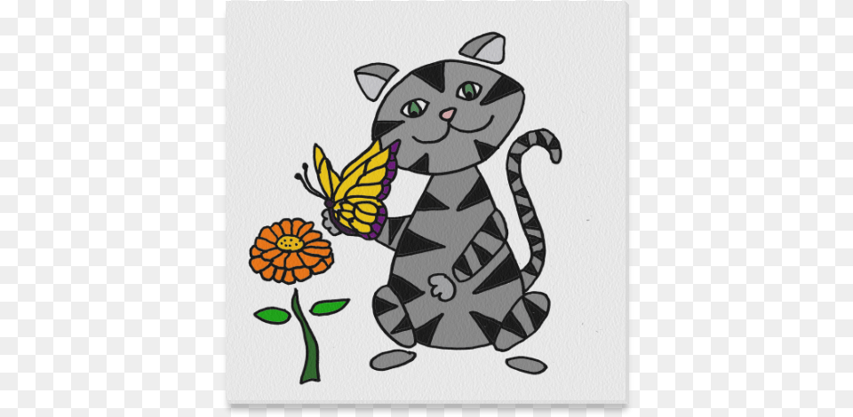 Funny Gray Tabby Cat With Butterfly Canvas Print 16 Cartoon, Baby, Person, Animal, Art Free Png Download