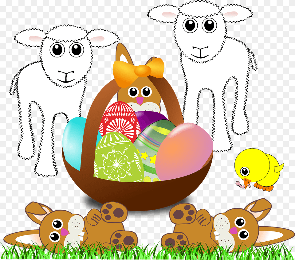 Funny Lambs Bunnies And Chick With Easter Eggs In A Basket Clipart, Egg, Food Free Png Download