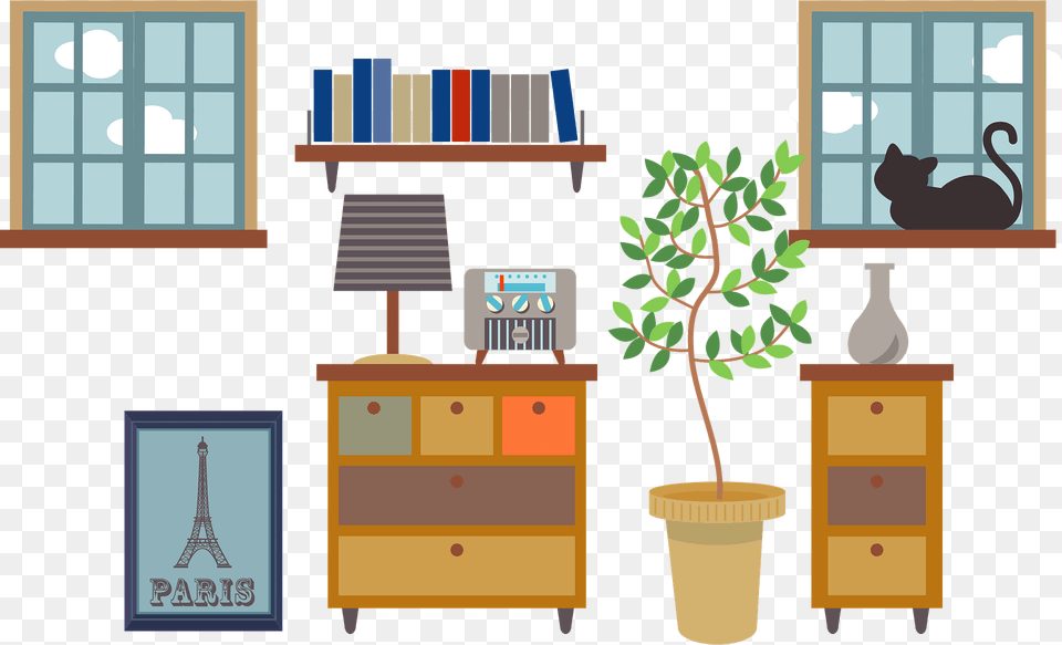 Furniture In A Room With A Window Clipart, Cabinet, Drawer, Plant, Dresser Png Image