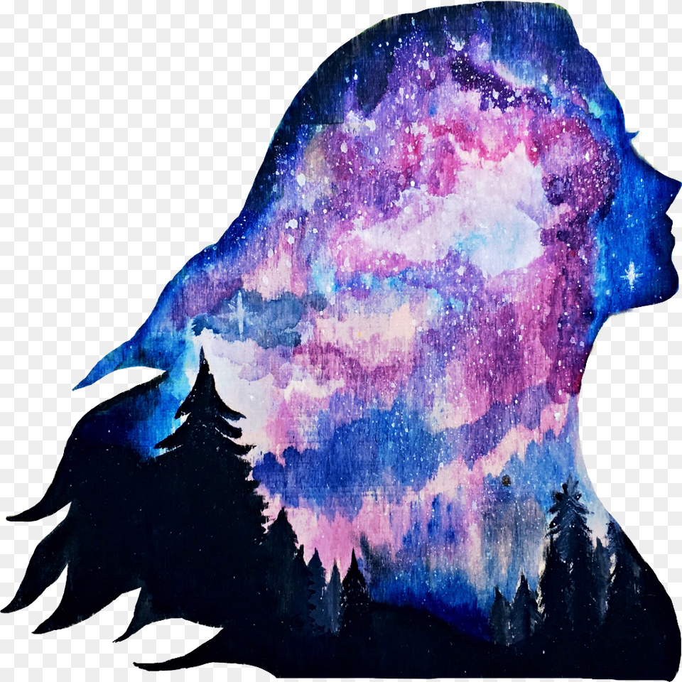 Galaxy Artwork Trees Sky Stars Tumblrgirl Freetoedit Drawing, Accessories, Ornament, Person, Woman Png Image