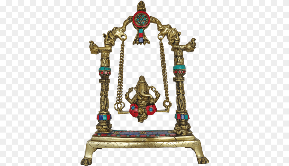 Ganesha Murti Sitting On Multi Stone Work Julla Brass, Bronze, Furniture, Throne Free Png