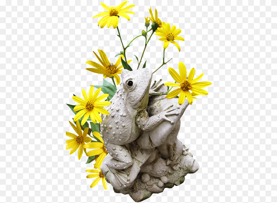 Garden Statue Frog Flowers Decoration Sunflower, Daisy, Flower, Petal, Plant Free Transparent Png