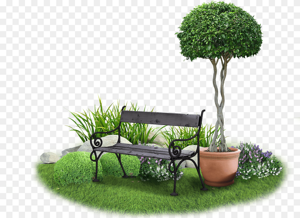 Garden Transparent Garden, Bench, Furniture, Grass, Potted Plant Free Png