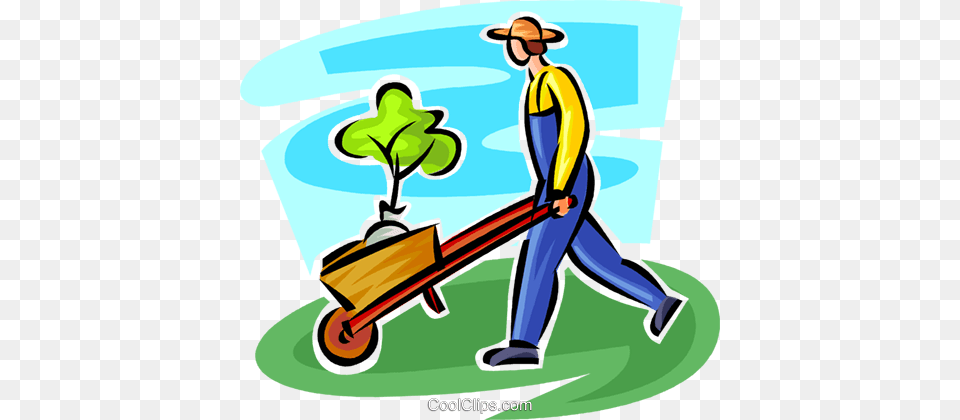 Gardener With A Plant In A Wheelbarrow Royalty Vector Clip, Cleaning, Person, Tool, Grass Png