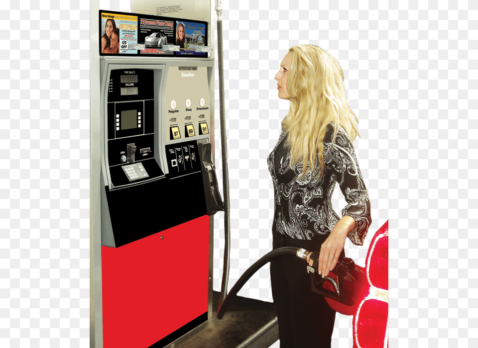 Gas Pump Advertising Display Case, Adult, Female, Machine, Person Png