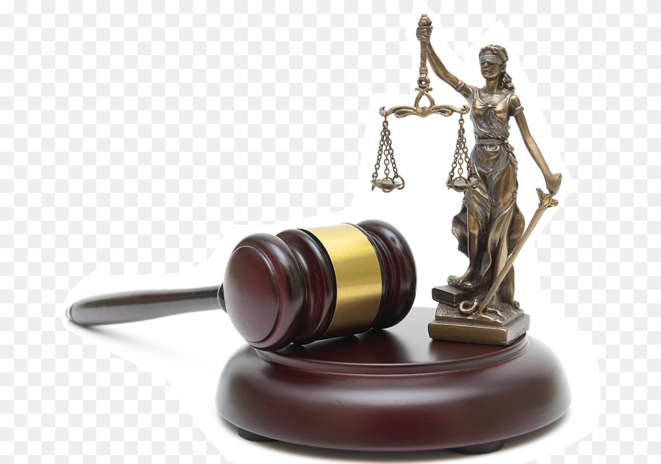 Gavel And The Statue Of Justice Bronze Sculpture, Person, Device, Smoke Pipe, Hammer Free Png Download