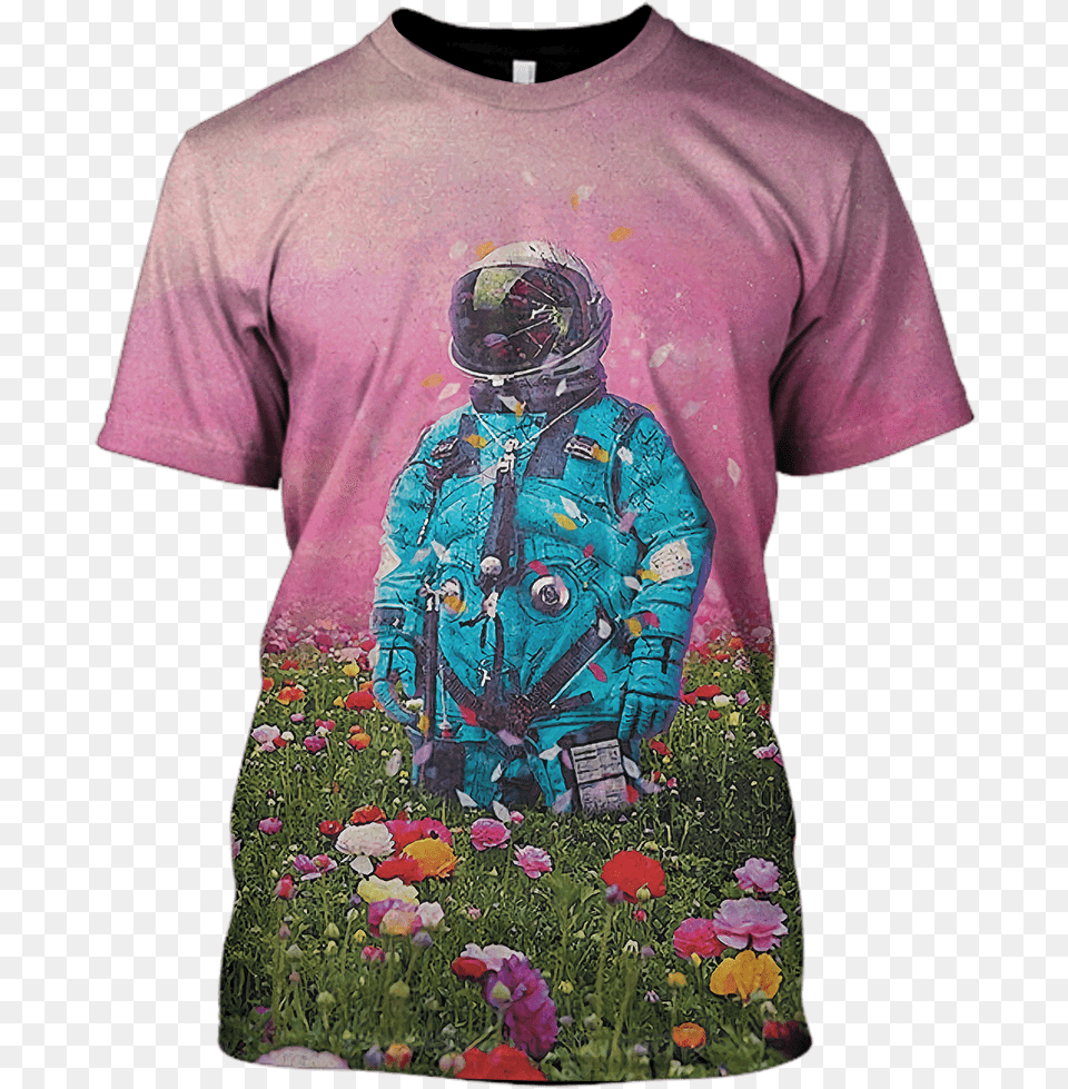 Gearhuman 3d Astronaut In Flower Field Custom T Shirt Flower Field Art, Clothing, T-shirt, Adult, Person Png