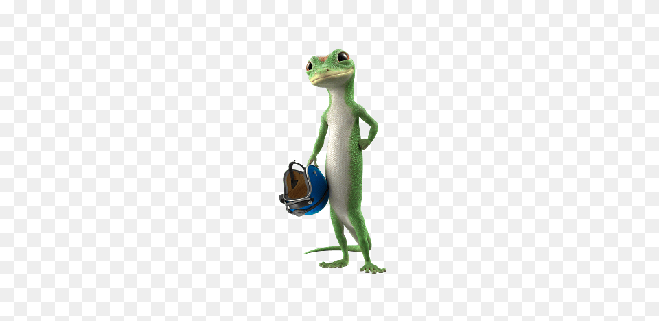 Geico Gecko Holding Helmet, Animal, Lizard, Reptile, Green Lizard Free Png