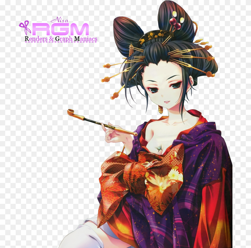 Geisha Fille Maquillage Kimono Barettes Chignon Render Kimono Geisha Anime, Adult, Publication, Person, Gown Free Png Download