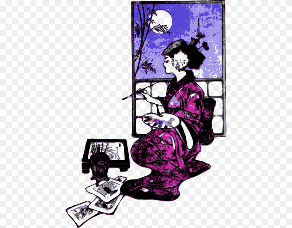 Geisha Japanese Art Painting, Purple, Collage, Book, Publication Png