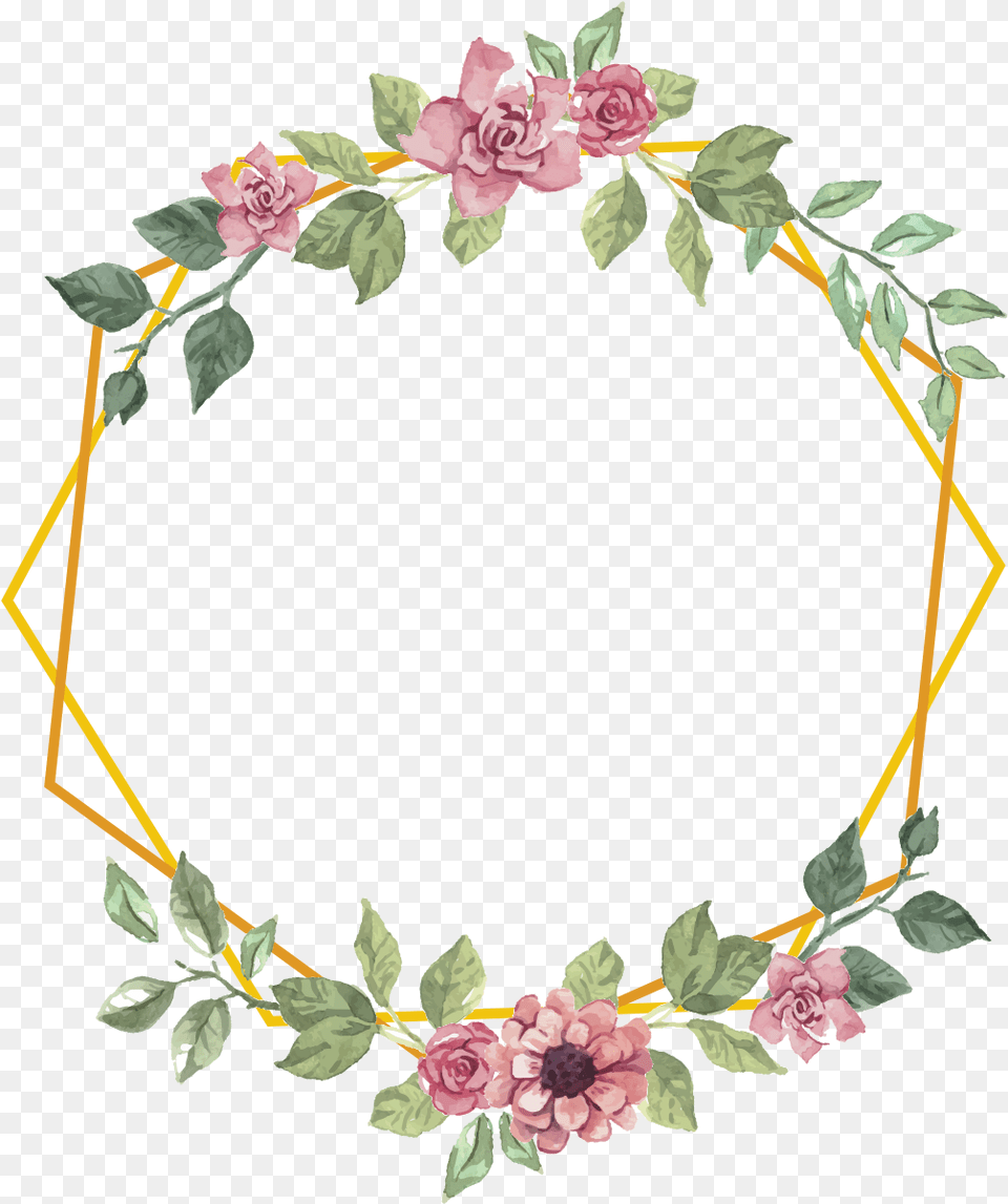 Geometric Frame Gold Flowers Floral Bouquet Shape Frame Flower Watercolor, Plant, Rose, Accessories, Pattern Png