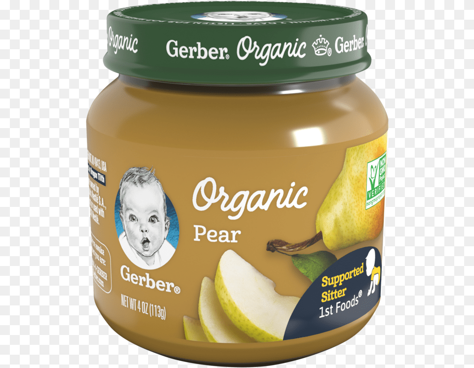 Gerber 1st Foods Organic Pear Jar Gerber Baby Food, Person, Fruit, Plant, Produce Free Png Download