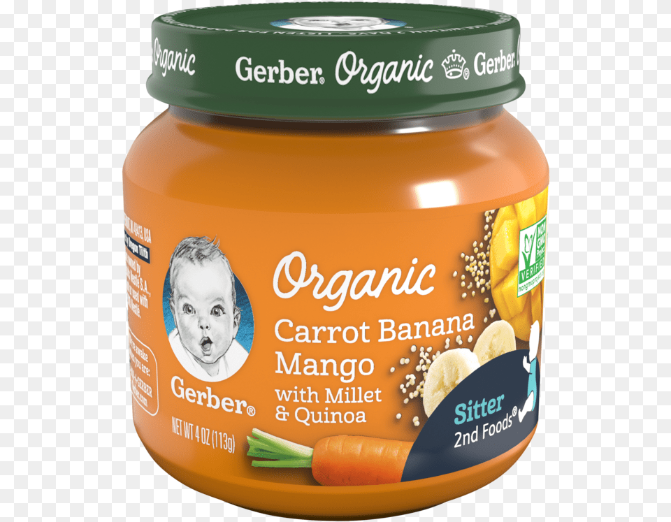 Gerber 2nd Foods Organic Carrot Banana Mango With Millet Gerber Organic Baby Food, Person, Plant, Produce, Vegetable Free Png