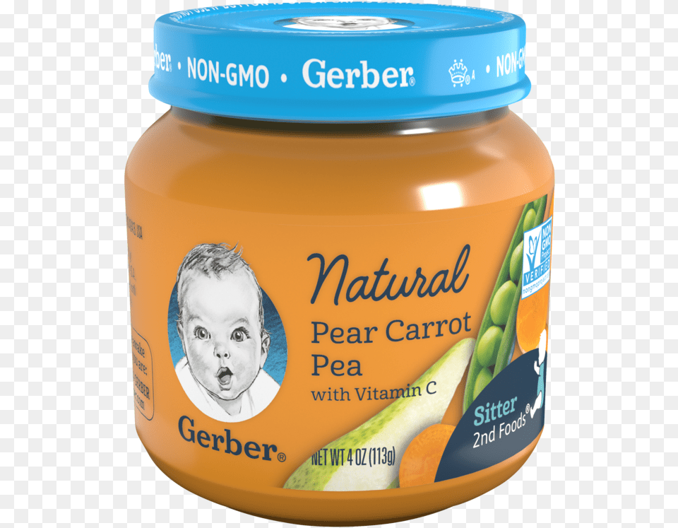 Gerber Natural 2nd Foods Pear Carrot Pea Jar Gerber Baby Food, Person, Face, Head, Bottle Free Png Download